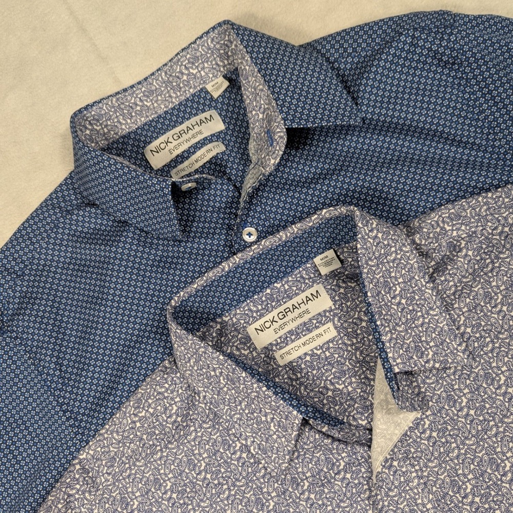 Lot of 2 Nick Graham Mens Stretch Modern Fit Button Down Shirts Blue Paisley M